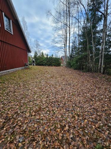 a large pile of leaves on the ground next to a red barn at Romme stugby in Borlänge