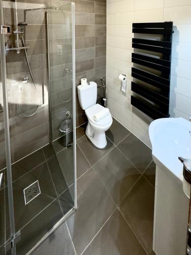 a bathroom with a toilet and a glass shower at CENTER rooms in Miskolc