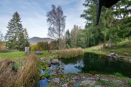 a stream of water with rocks in a field at Ferienwohnung Unternberg in Ruhpolding