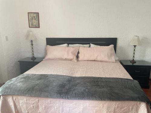 a bedroom with a large bed with two night stands at Villita en la floresta in Ajijic