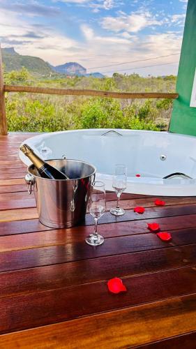 two wine glasses and a bucket on a wooden deck at Vila Verde in Palmeiras