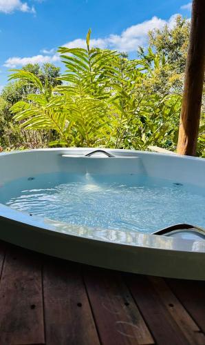 a bath tub sitting on top of a wooden deck at Vila Verde in Palmeiras