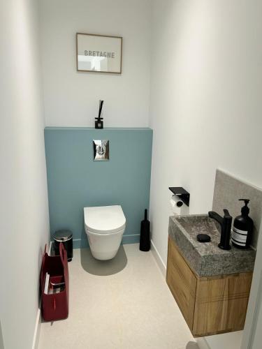 une salle de bain avec toilettes et lavabo dans l'établissement Villa Poppy - piscine, proche plage, à Roscoff