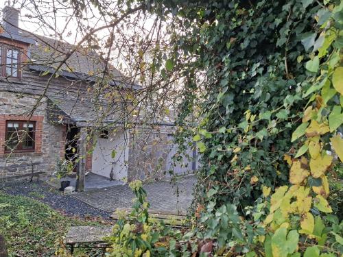 an ivy covered stone house with a bench in front of it at Gîte al fontaine in La Roche-en-Ardenne