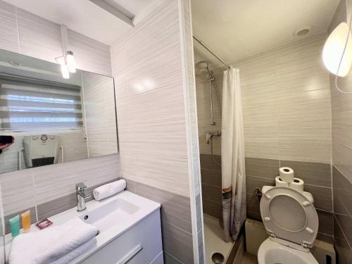 une salle de bain avec un lavabo, des toilettes et un miroir dans l'établissement A043-Functional Studio Downtown Cannes, à Cannes