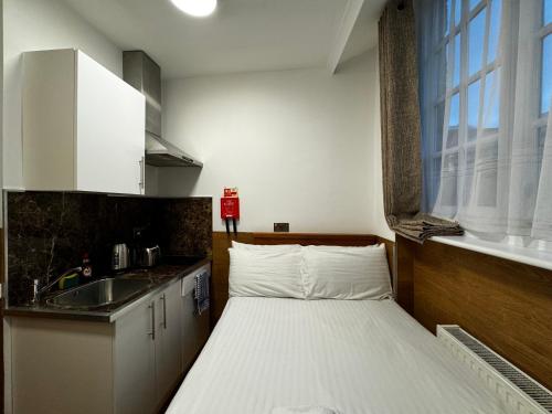 a small kitchen with a bed and a sink at Berkley Apartments in London