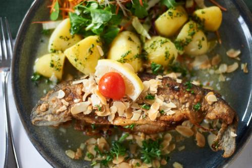 a plate of food with a piece of fish and potatoes at Hotel Restaurant Waldschlößchen in Lienen