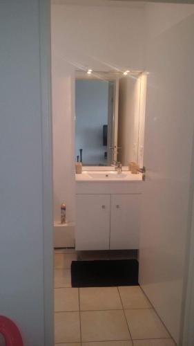 une salle de bain avec un lavabo blanc et un miroir dans l'établissement Rivadour, à Bayonne