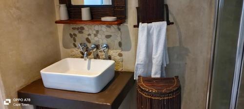Un baño con lavabo blanco y ducha. en Rocky Beach Holiday Home with panoramic sea views in Simon's Town, en Simonʼs Town