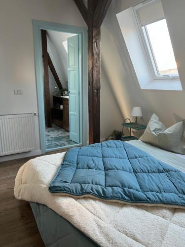 a bedroom with a large blue comforter on a bed at Casa Toma M in Baia Mare