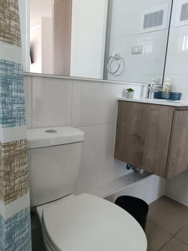 a white bathroom with a toilet and a sink at Departamento familiar Iquique in Iquique