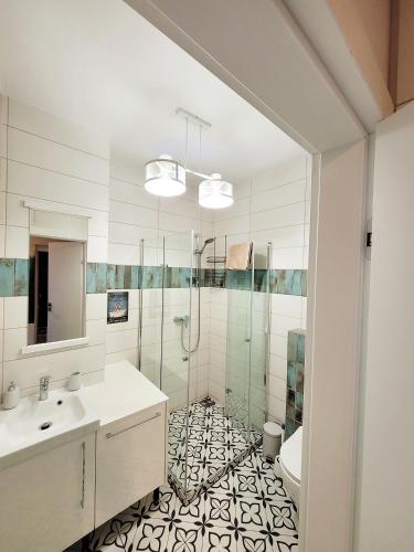 a bathroom with a shower and a toilet and a sink at Dom Gościnny Przy Szlaku Jeleni in Ustroń