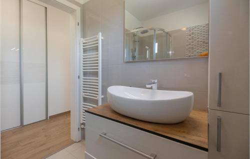 a bathroom with a white sink on a wooden counter at Beautiful Home In Kamen Most in Kamenmost