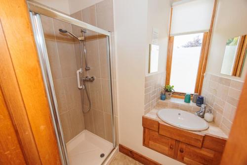 a bathroom with a shower and a sink at The Coach House 5 star property in Inistioge