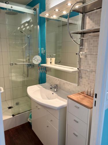 une salle de bain avec un lavabo et une douche en verre dans l'établissement T1Bis centre d'Arcachon avec balcon, à Arcachon