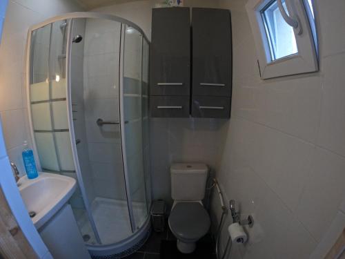 a bathroom with a shower and a toilet and a sink at Chambre 3 lits pour 6 personnes métro 5 in Bobigny