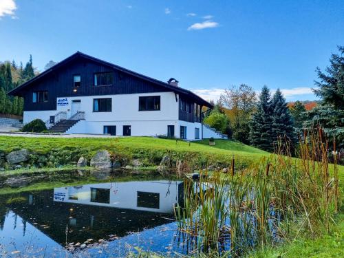 a house on a hill with a pond in front of it at Sporthaus Sosnówka - Deluxe Villa & Garden in Sosnówka
