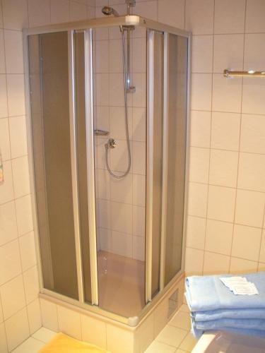 a shower with a glass door in a bathroom at Apartment Christine Öttl in Pfunds