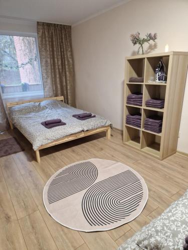 a bedroom with a bed and a rug on the floor at Cēsu Mājas Akmens ielā in Cēsis