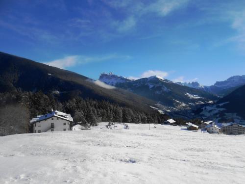 a snow covered mountain with a building in the distance at Hotel Pinei in Ortisei