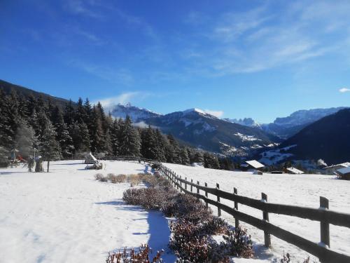 a snow covered hill with a fence and mountains at Hotel Pinei in Ortisei