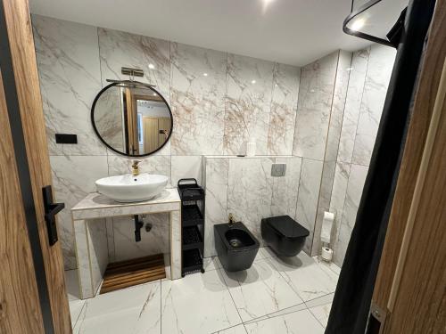a bathroom with a sink and a mirror at Poziom -1 in Sandomierz
