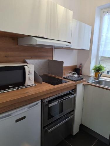 une cuisine avec un micro-ondes et une cuisinière four supérieur dans l'établissement BJ Appartement proche de la gare, à Bourgoin-Jallieu
