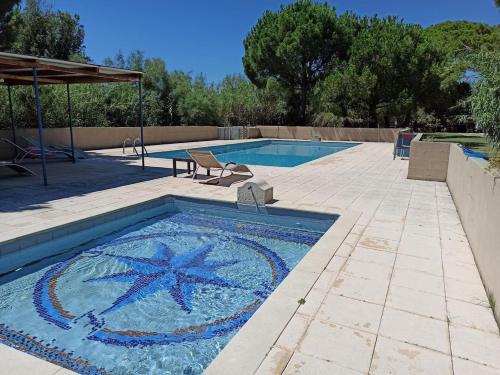- une piscine avec une étoile de mer au milieu dans l'établissement Maisonnette dans mas authentique avec piscine, à Saint-Laurent-dʼAigouze