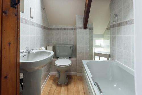 a bathroom with a toilet and a sink and a tub at Coach House Cottage at Scolton - Indoor pool in HAW