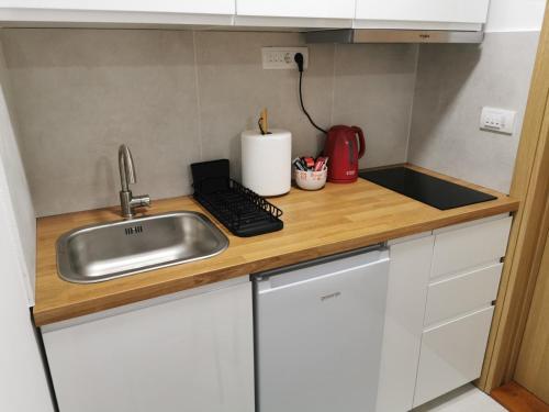 a kitchen counter with a sink and a keyboard at Apartman Good Night in Surčin