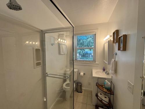 a bathroom with a shower and a toilet and a sink at Newly Renovated Duplex, Upper Unit, 4th row from the beach in Hilton Head Island