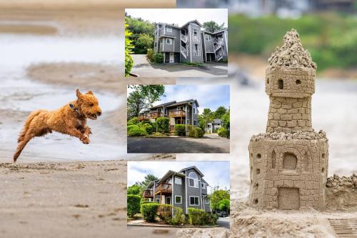 eine Collage von Bildern von Häusern und einem Hund in der Unterkunft Tolovana 3 Cannon Beach in Cannon Beach