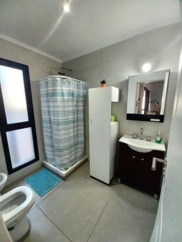 a bathroom with a toilet and a sink and a shower at El Trébol II in Necochea