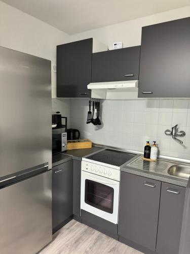 a kitchen with a white stove and a sink at Gemütliches Apartment vor den Toren Kölns in Hürth
