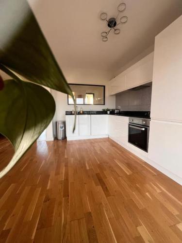 une cuisine avec des armoires blanches et un plancher en bois dans l'établissement Grand appartement 4 personnes à 150m de la plage, au Barcarès