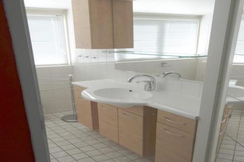 ein Badezimmer mit einem weißen Waschbecken und zwei Fenstern in der Unterkunft Bungalow in Breskens near the Lighthouse in Breskens