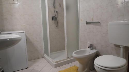 a bathroom with a shower and a toilet and a sink at Casa Temù sulle piste - 8 posti in Temù