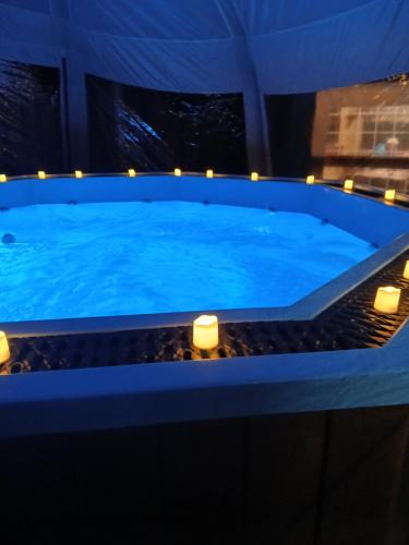 a large blue swimming pool with lights on it at Cabana Barbu in Făgăraş
