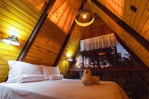 a bed in a wooden room with a dog sitting on it at Entre Serras & Águas in Capitólio