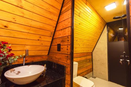 a bathroom with wooden walls and a sink and a toilet at Entre Serras & Águas in Capitólio