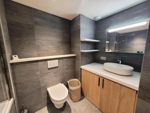 une salle de bain avec un lavabo et des toilettes dans l'établissement Résidence Le Stella - Appartement lumineux avec jardin privé au centre MAE-2601, aux Gets