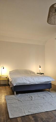 - un lit dans une chambre avec 2 lampes et un tapis dans l'établissement Villa d athis, à Athis-Mons