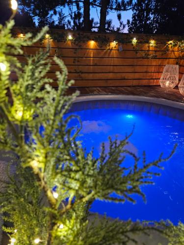 una piscina azul con un árbol frente a una valla en Forest House A Frame, en Risovac
