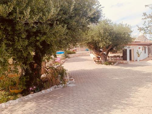 a brick walkway with trees and flowers on it at Dimora del Fragno in Castellana Grotte