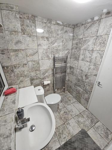 a bathroom with a sink and a toilet at Spacious single room in Nottingham