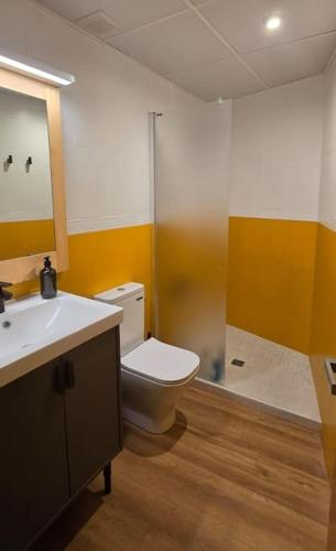 a bathroom with a toilet and a sink and a mirror at Estudio de diseño con parking en el centro in Huesca