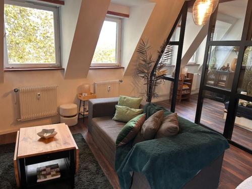 un salon avec un canapé et une table dans l'établissement Appartement carré or Strasbourg, à Strasbourg