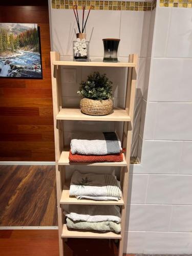 une étagère en bois avec des serviettes et une plante. dans l'établissement Appartement carré or Strasbourg, à Strasbourg
