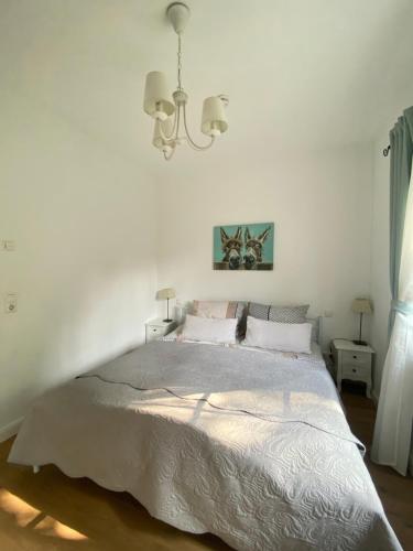 a white bedroom with a large bed with a chandelier at Woodhaus Appartement in Pulheim