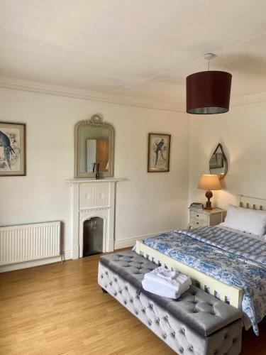 a bedroom with a bed and a fireplace at 4-Bed House in Kildare Sleeps 8 with Parking in Kildare